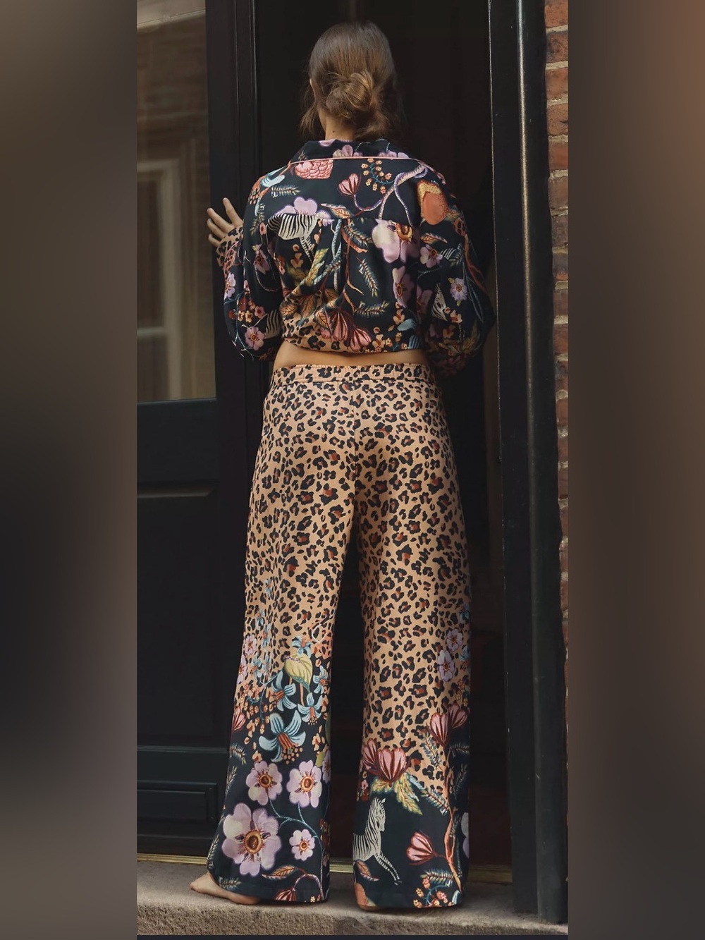 Anthropologie Lyrebird Leopard & Floral Wide-Leg Pajama Pants - Black/Beige/Pink